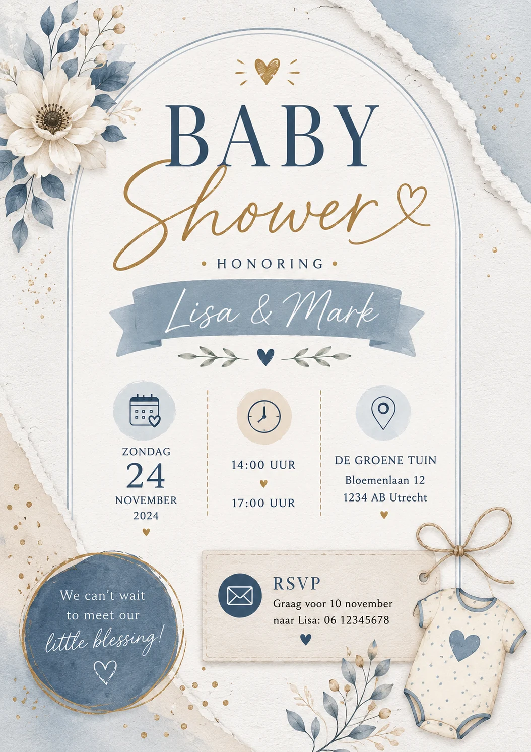 Blauwe bloemen babyshower