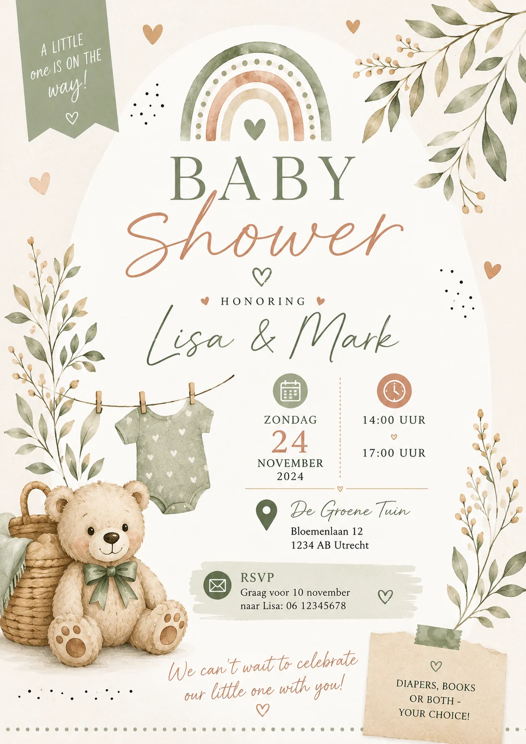 Botanische teddy RSVP babyshower